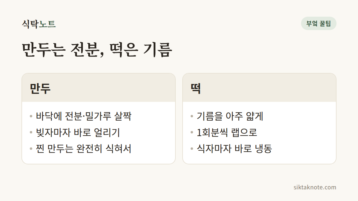 만두는 전분, 떡은 기름 — 만두: 바닥에 전분·밀가루 살짝, 빚자마자 바로 얼리기, 찐 만두는 완전히 식혀서 — 떡: 기름을 아주 얇게, 1회분씩 랩으로, 식자마자 바로 냉동