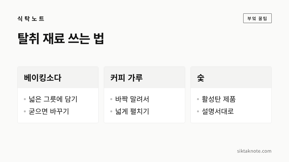 탈취 재료 쓰는 법 — 베이킹소다: 넓은 그릇에 담기, 굳으면 바꾸기 — 커피 가루: 바짝 말려서, 넓게 펼치기 — 숯: 활성탄 제품, 설명서대로