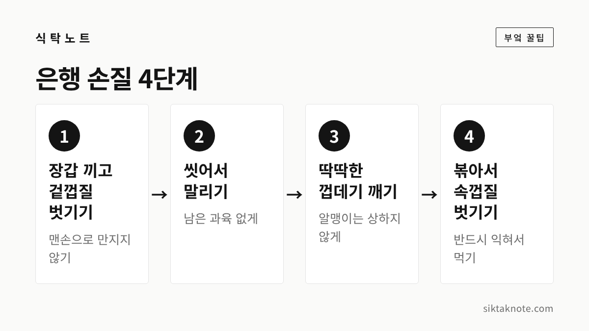 은행 손질 4단계 — 1. 장갑 끼고 겉껍질 벗기기 (맨손으로 만지지 않기) — 2. 씻어서 말리기 (남은 과육 없게) — 3. 딱딱한 껍데기 깨기 (알맹이는 상하지 않게) — 4. 볶아서 속껍질 벗기기 (반드시 익혀서 먹기)
