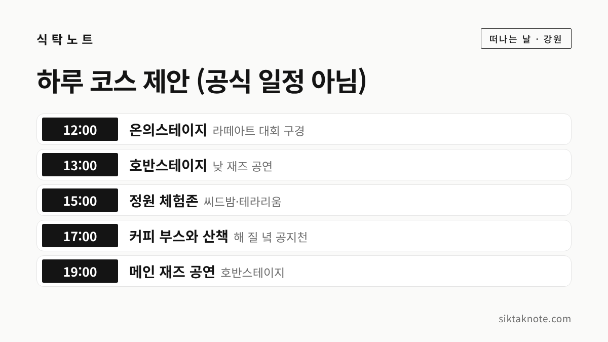 하루 코스 제안 (공식 일정 아님) — 12:00 온의스테이지 (라떼아트 대회 구경) — 13:00 호반스테이지 (낮 재즈 공연) — 15:00 정원 체험존 (씨드밤·테라리움) — 17:00 커피 부스와 산책 (해 질 녘 공지천) — 19:00 메인 재즈 공연 (호반스테이지)