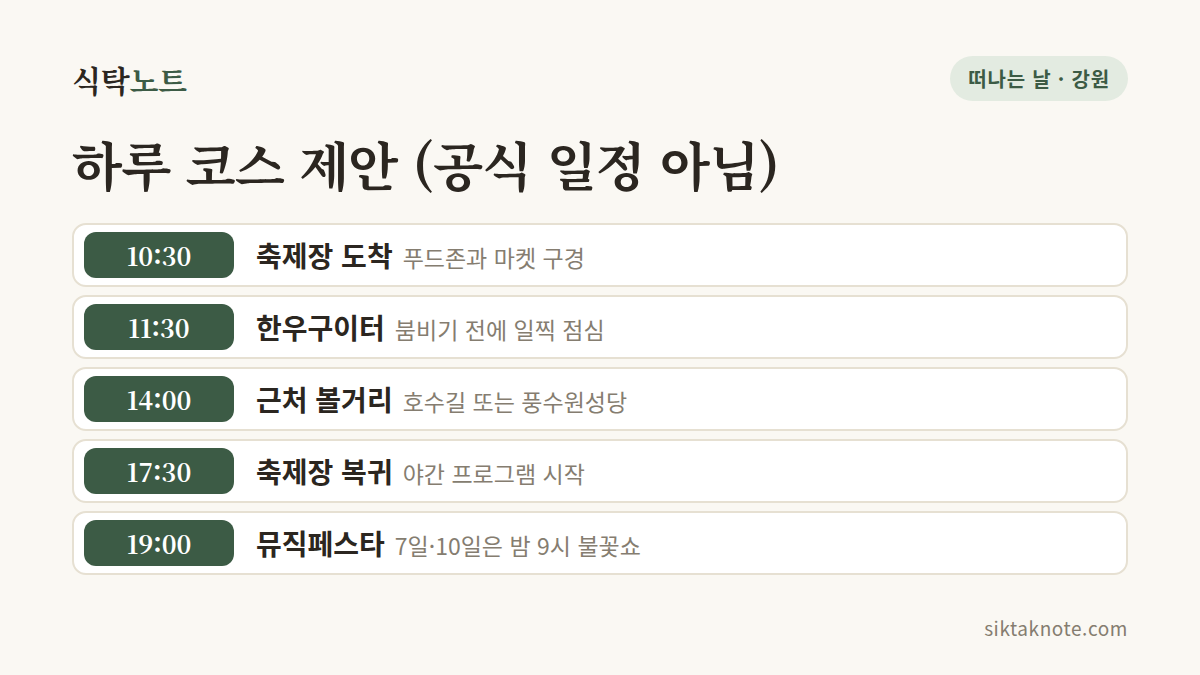 하루 코스 제안 (공식 일정 아님) — 10:30 축제장 도착 (푸드존과 마켓 구경) — 11:30 한우구이터 (붐비기 전에 일찍 점심) — 14:00 근처 볼거리 (호수길 또는 풍수원성당) — 17:30 축제장 복귀 (야간 프로그램 시작) — 19:00 뮤직페스타 (7일·10일은 밤 9시 불꽃쇼)