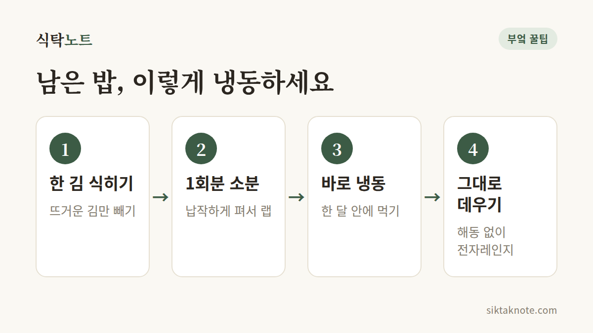 남은 밥, 이렇게 냉동하세요 — 1. 한 김 식히기 (뜨거운 김만 빼기) — 2. 1회분 소분 (납작하게 펴서 랩) — 3. 바로 냉동 (한 달 안에 먹기) — 4. 그대로 데우기 (해동 없이 전자레인지)