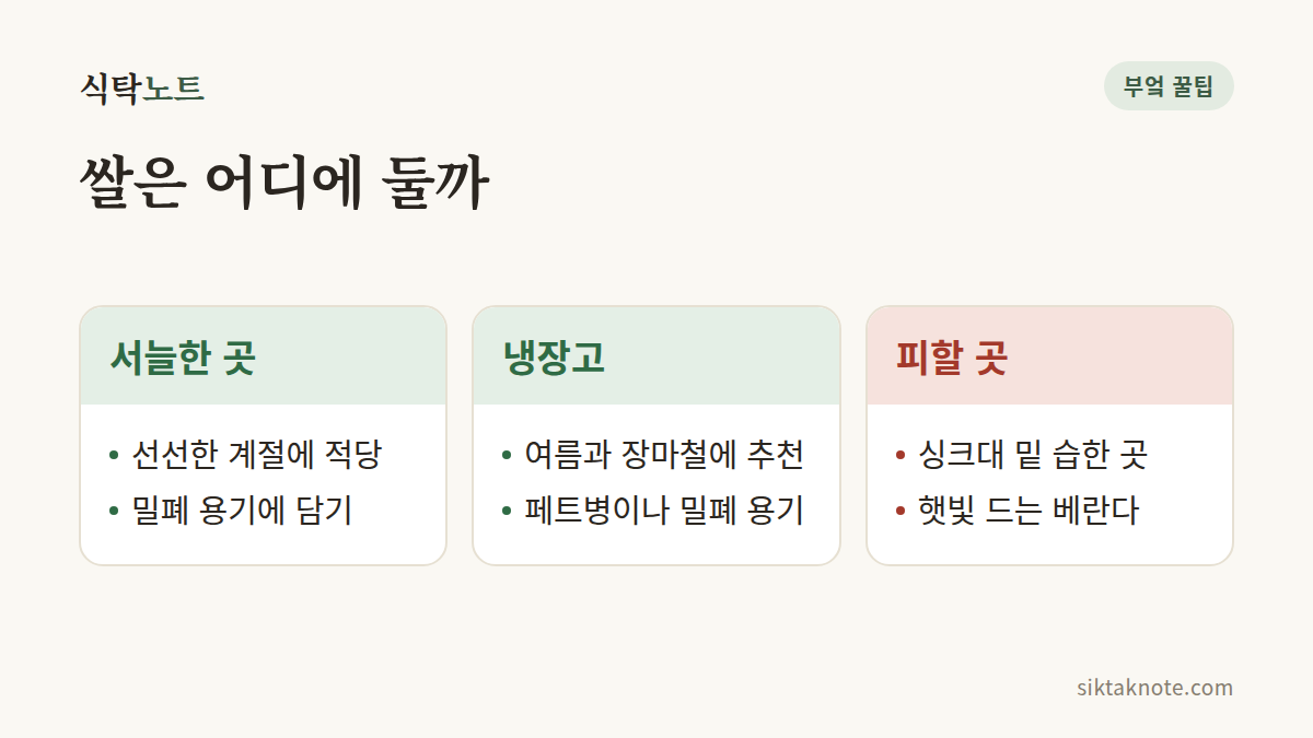 쌀은 어디에 둘까 — 서늘한 곳: 선선한 계절에 적당, 밀폐 용기에 담기 — 냉장고: 여름과 장마철에 추천, 페트병이나 밀폐 용기 — 피할 곳: 싱크대 밑 습한 곳, 햇빛 드는 베란다