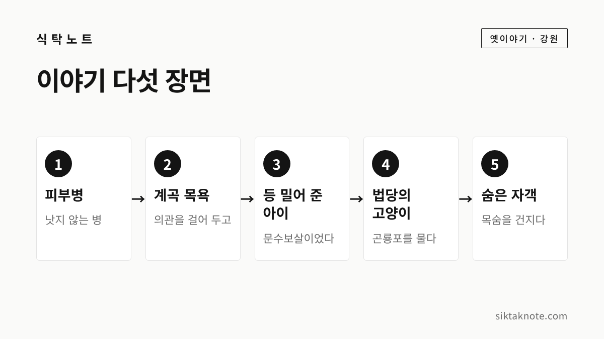 이야기 다섯 장면 — 1. 피부병 (낫지 않는 병) — 2. 계곡 목욕 (의관을 걸어 두고) — 3. 등 밀어 준 아이 (문수보살이었다) — 4. 법당의 고양이 (곤룡포를 물다) — 5. 숨은 자객 (목숨을 건지다)